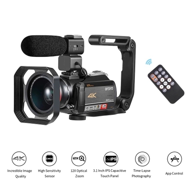 

ORDRO AC5 4K WiFi Digital Video Camera Camcorder Recorder DV 24MP 3.1 Inch IPS Presssn 12X Optical Zoom Time-Lapse Face Dete, Black
