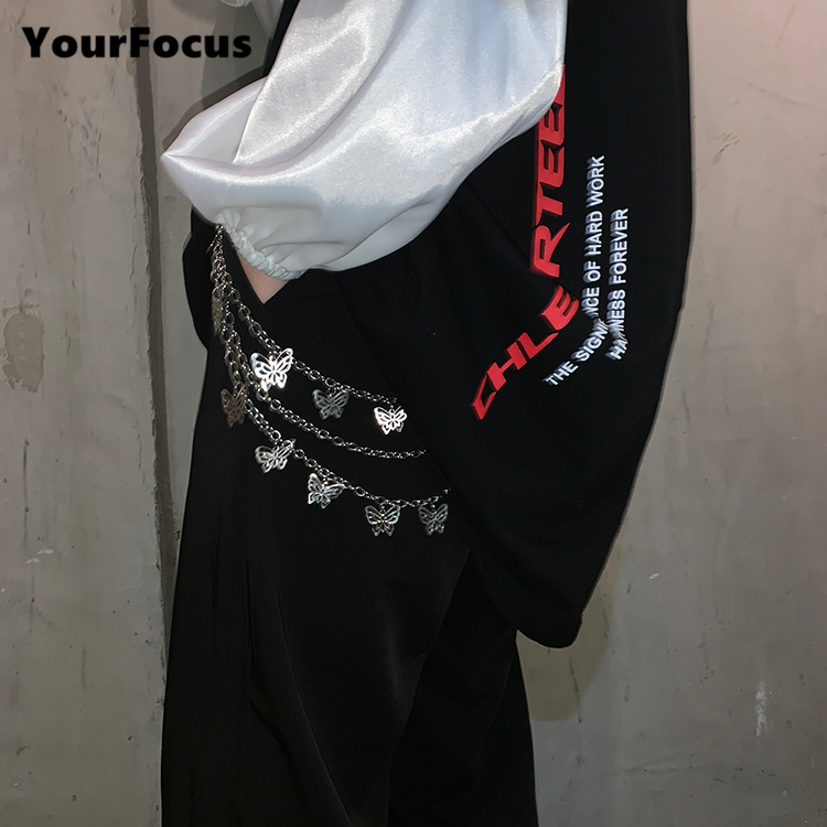 

90s vintage cute kawaii metal chain multi-layer hollow butterfly trousers chain disco hiphop waist, Black