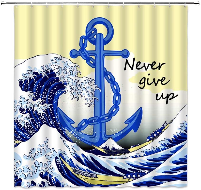 

Nautical Anchor Shower Curtain Blue Anchor Great Wave Fabric Bathroom Decor Sets with Hooks Waterproof Fabric Shower Curtain