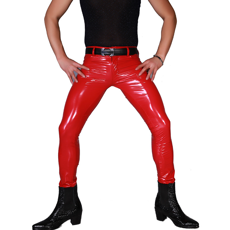 

Men Sexy Slim Pants Glossy Shiny Faux Leather Skinny Stretchy Trousers Stage Outfit Stylish, Black