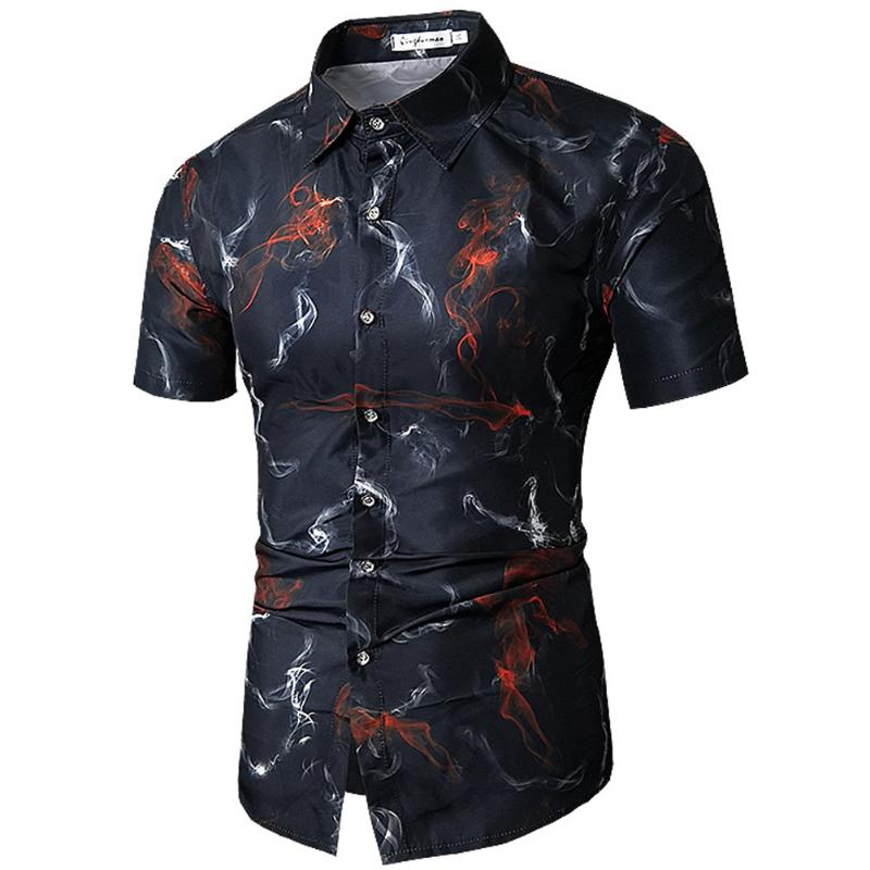 

Korean Style Fashion Casual Men Shirt Print Slim Fit Dress Shirt Short Sleeve Turn-down Collar Summer Camisa Masculina, Navy blue