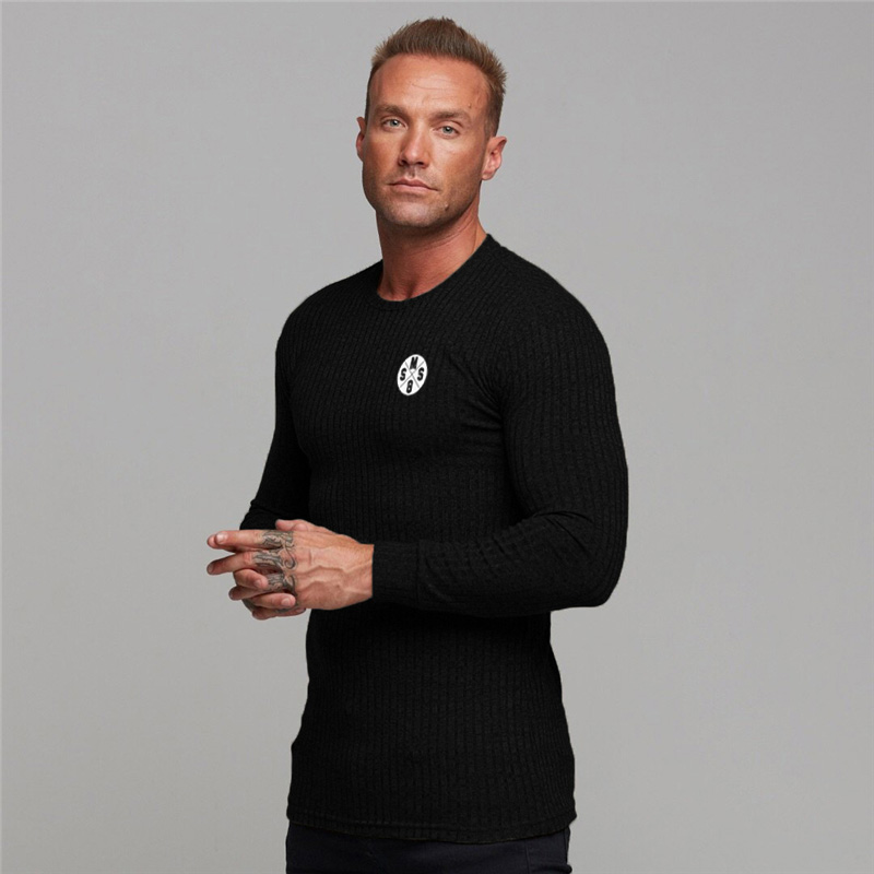

Machinefitness Spring Men's Sweater Mens Long Sleeve Solid Casual Stretch Slim Fit Fitness Clothing Brand Knitted Pullovers Male, Black blank