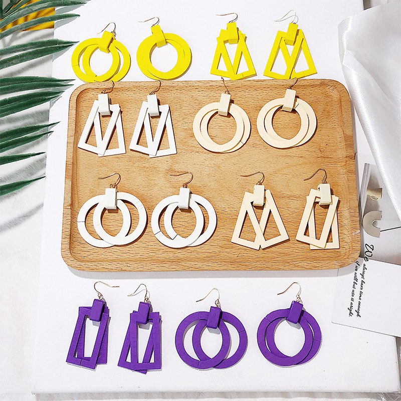 

New Arrival Fashion Classic wood geometric round square female earrings Korean long paragraph earrings female banquet jewelry