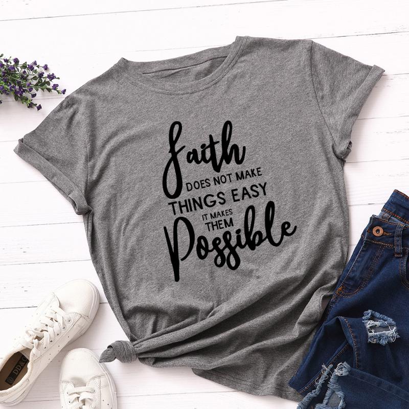 

2020 Summer Faith Letter Print Tshirt Women Cotton Short Sleeve Basic Tees Shirts Streetwear Plus Size -5XL Casual Loose Tops, No pattern