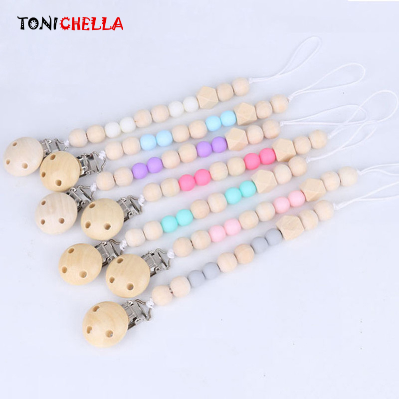 

Baby Pacifier Clip Chain Wooden Holder Non-toxic Soother Clips Leash Strap Nipple Infant Toddler Feeding Teether Holders CL5303