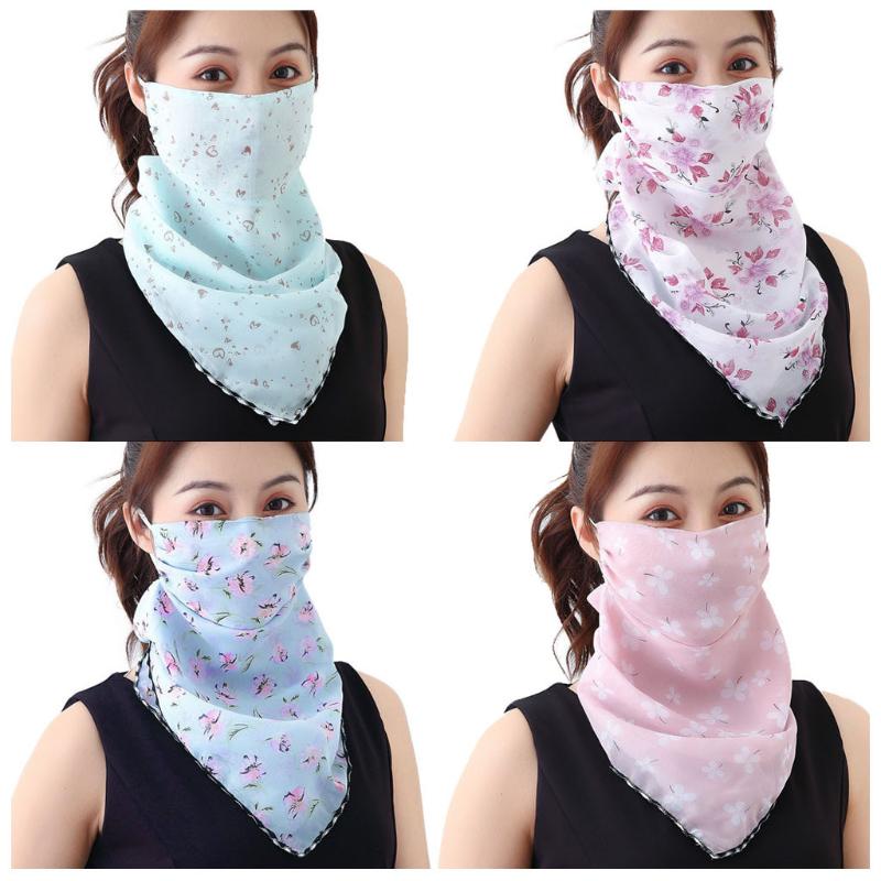 

#R40 4 Pcs Women Floral Print Chiffon Face Scarf UV Protection Neck Gaiter Scarf Face Cover Bandana Outdoors Cycling Balaclava