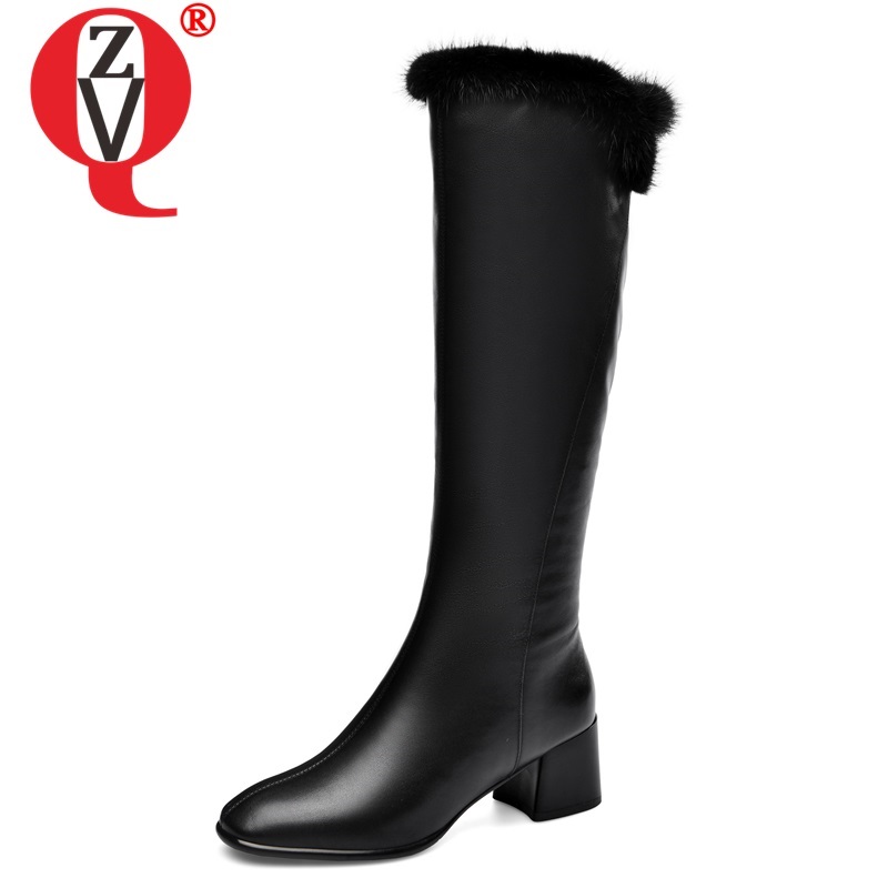 

ZVQ winter new concise knee high boots outside warm high heels zip genuine leather square toe office women shoes drop shipping, Black