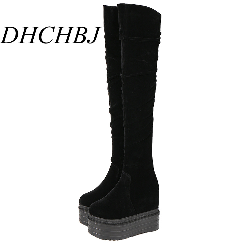 

13cm Thick Bottom High Knee Long Boots Women Thin Leg Wedges High Heel Platform Over The Knee Booties, Black