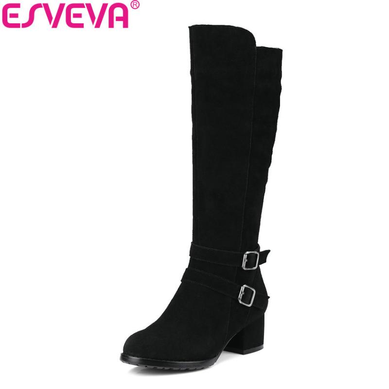 

ESVEVA 2020 Women Boots Short Plush Knee-high Boots Elegant Cow Suede Ladies Warm Square High Heels Ladies Long Size 34-40, Black