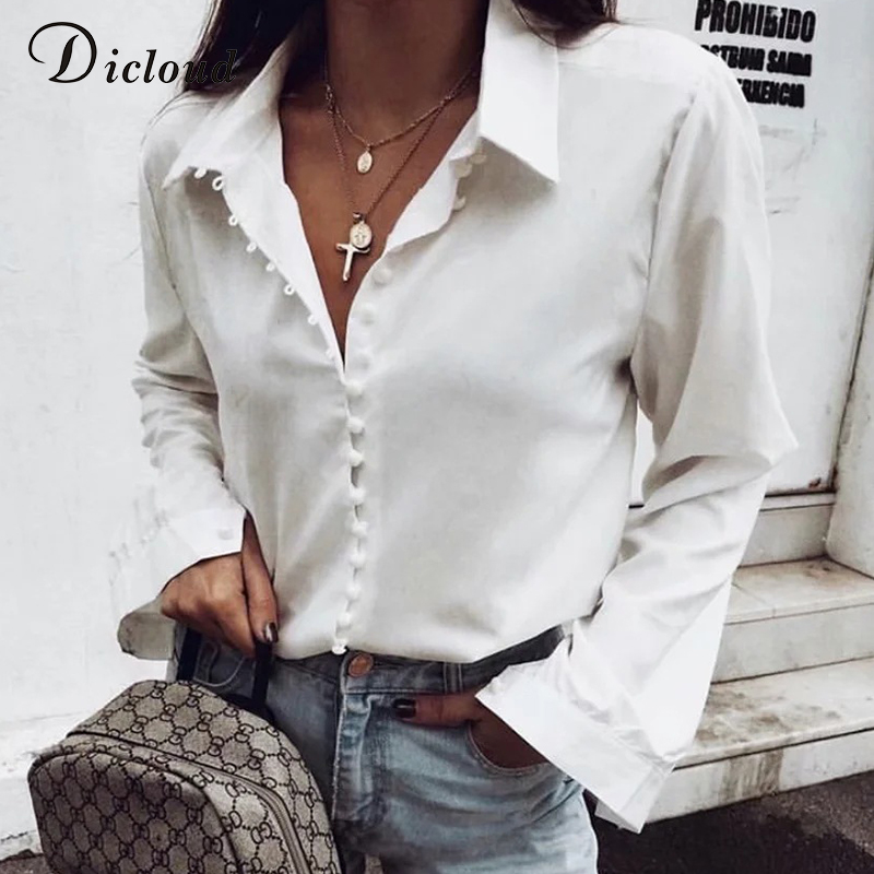 

DICLOUD Autumn Winter Notched Women' White Shirt Long Sleeve Pearl Buttons Fashion Ladies Office Blouse Solid Top Female