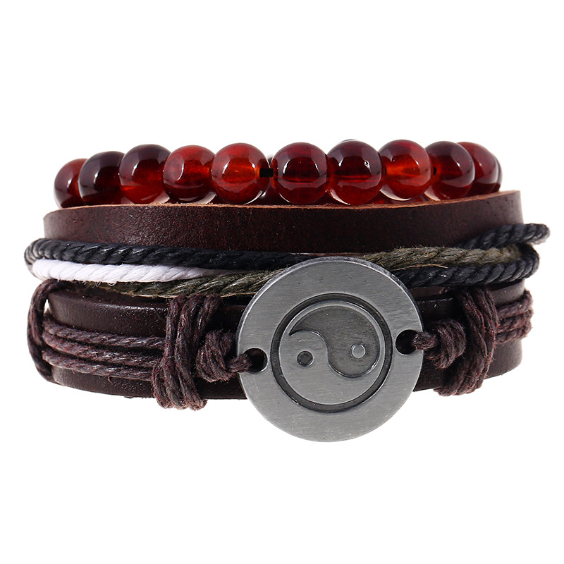 

Taichi Charm Mluti-layer Genuine Leather Bracelets 3pcs/set Retro Beaded Bangle Adjustable Unisex Personality Bracelet Wristband