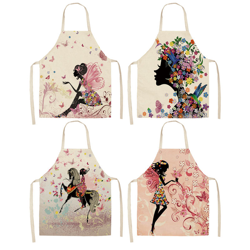 

1Pcs Cotton Linen Flower Butterfly Girl Printed Kitchen Aprons for Women Home Cooking Baking Waist Bib Pinafore 53*65cm WQ0034