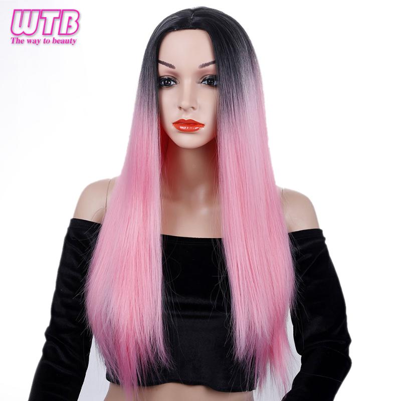 

WTB Pink Brown Blue Ombre Wig Long Straight Synthetic Wigs for Women Dark Roots Middle Part Nature Wigs, 18