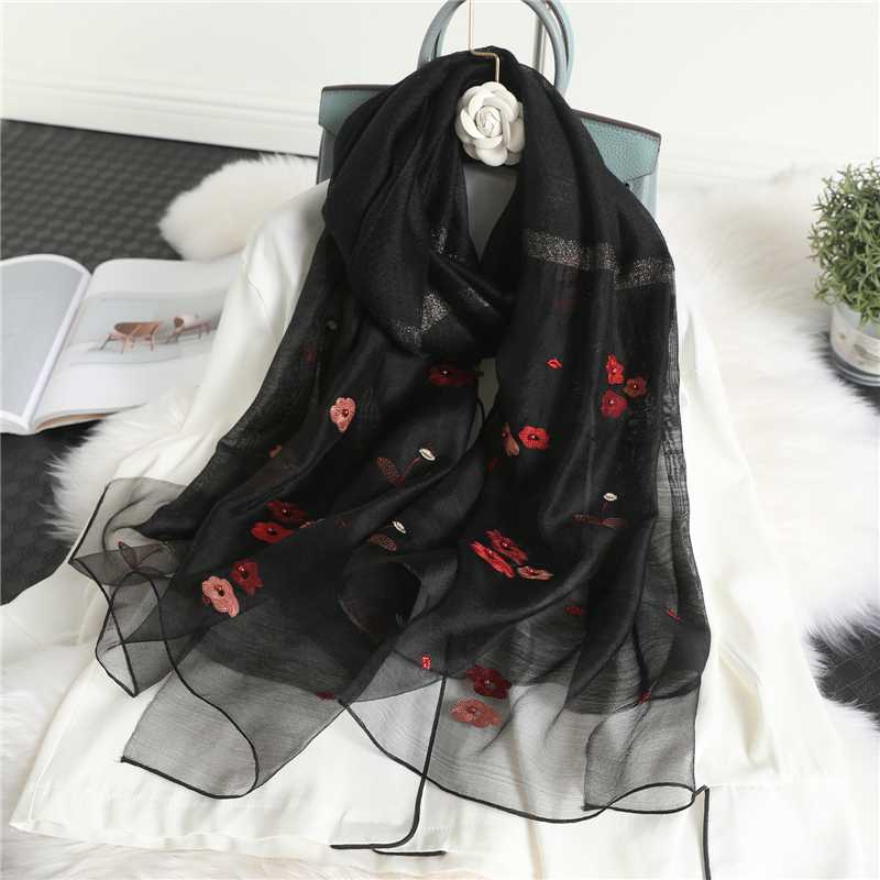 

Women Real Silk Wool Scarf Floral Embroidery Winter Scarves Shawls Hijab Wraps Female Foulard Bandana Headban Stoles