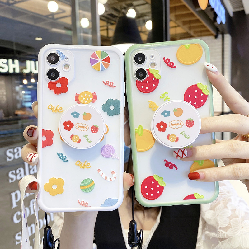 Cute Fruit Stand Holder Lanyard Phone Case For iPhone SE 11Pro MAX 7 8Plus XR XS Max Strawberry Flower Soft Shoulder Strap Cover-image-572149724