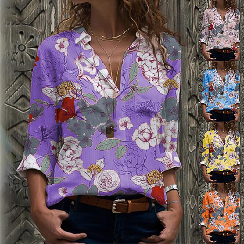 

2020 women's new style Lapel Printed Long Sleeve Shirt Floral Loose Shirt Tops Comfortable and soft casual fashion best-selling