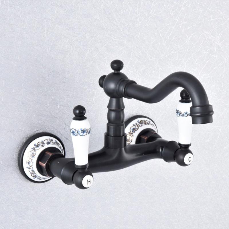 

Black Bronze Bathroom Faucet Wall Mounted Basin Faucet 360 Degree Swivel Spout Double Handle Cold Hot Water Mixer Tap Lsf761