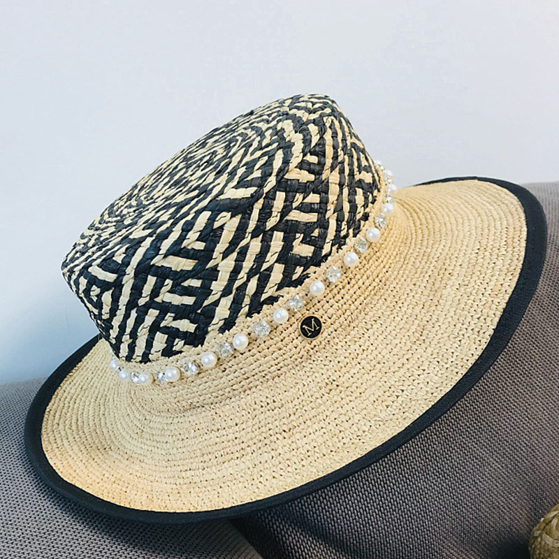 

New Crochet Pearl Trimmed Raffia Hats Two-Tone Printed Sun Hat Women Boater Hats Black Pink Summer Straw Hat Fedora