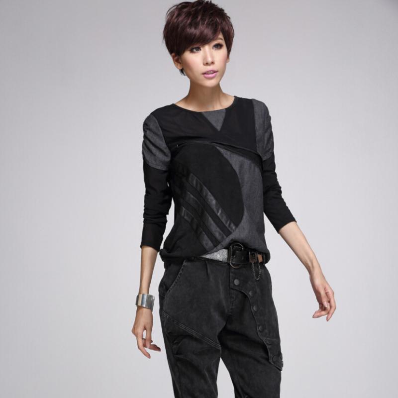 

Women fashion casual large size stitching washing old elastic zipper long sleeve tshirt female ladies, Black