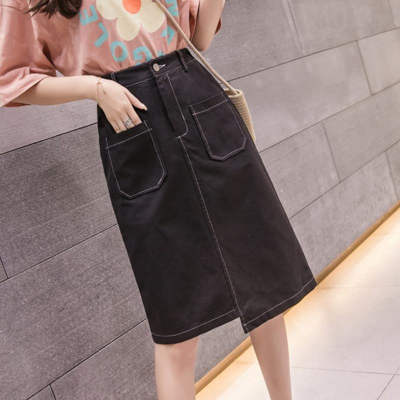 

2020 Summer New Fashion All-Match Solid Color Skirt Irregular High Waist Slimming Washed Denim Mid-Length Temperament Skirt, Black