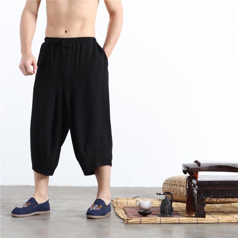 

Men Sweatpants Linen Wide Leg Loose Yoga Cropped Pants Baggy Running Jogger Casual Fitness Workout Pants Bloomers Sportswear, Black