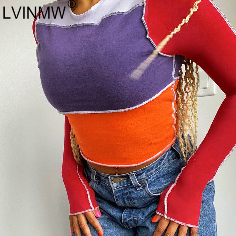 

LVINMW Sexy O Neck Long Sleeve Ruffles Top Woman tshirts Slim Splice Hit Color Casual New Chic Autumn Winter Tops Streetwear, As show