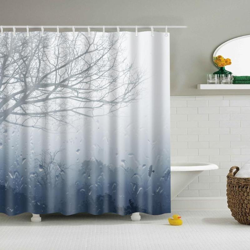 

Waterproof Thicken Polyester 3D Shower Curtain Smoky Forest Mildew Proof Bath Tub Curtain with 12 pcs Hooks