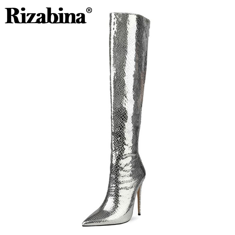 

Rizabina Women Shoes Over The Knee Boots Zipper Pointed Toe Thin High Heels Solid Color Shoes Ladies Footwear Winter Size 34-45, Silver