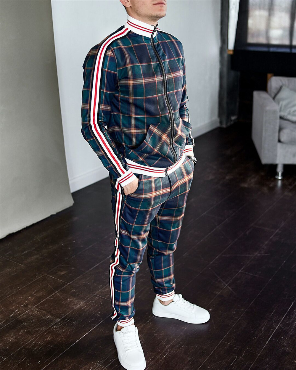 2021 Mens Tracksuit Spring Autumn Fashion Plaid Tracksuit Casual Two ...