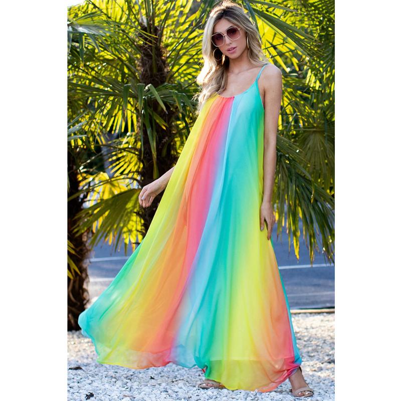 

Sexy Graduent Color Chiffon Summer Maxi Beach Dress For Women Swimsuit Cover Ups Beachwear Halter Neck Bohemian Loose Long Dress, As pic show