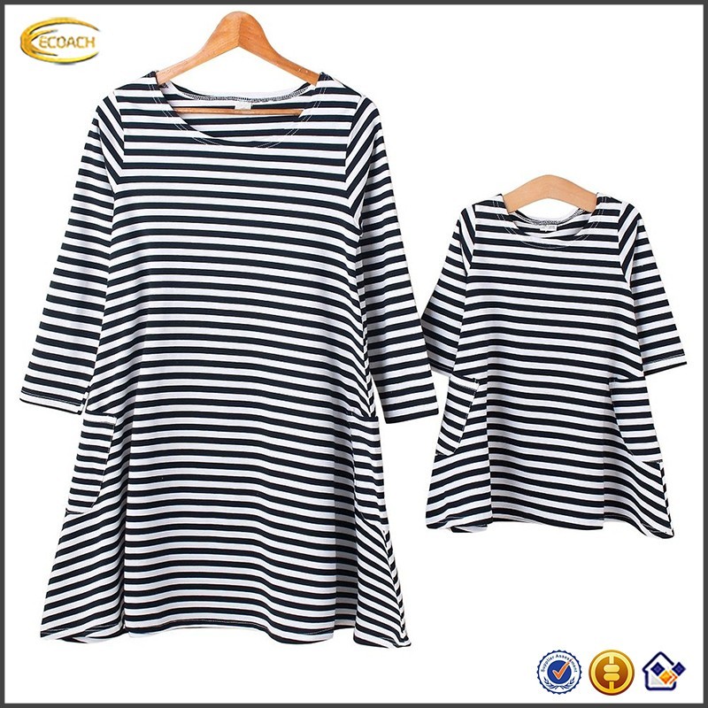 

Ecoach Wholesale OEM Parent-Child Mother Daughter Striped Shirt Loose Fitting Shift Dress Family Clothes Outfit with side Pocket, Gray