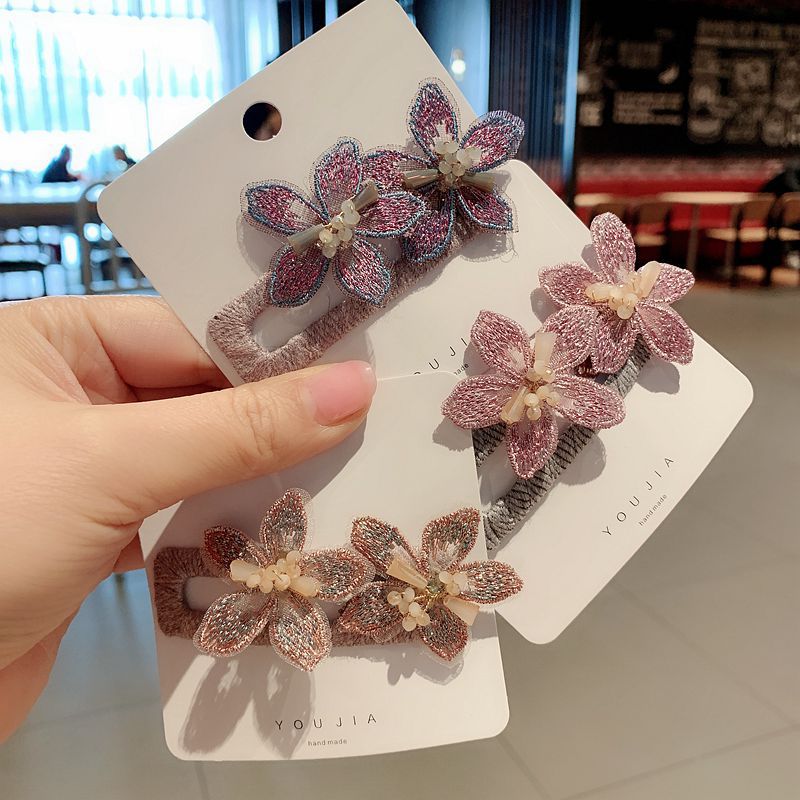 

New Fashion Korean Ladies Sweet Flowers Head Dress Hairpins Side Clip Tiara Girl Embroidery Hair Bows BB Clips Women Accessories
