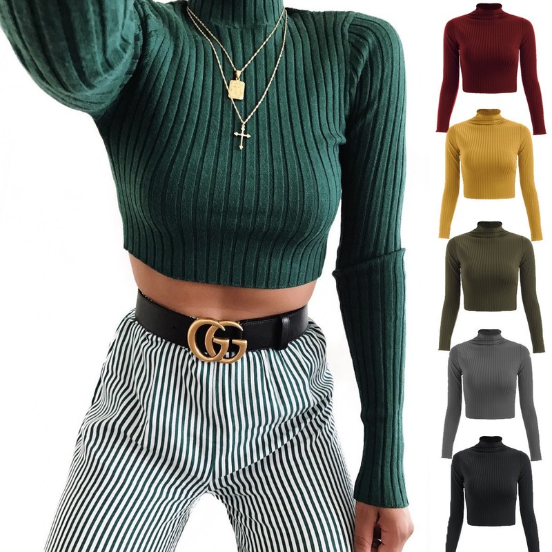 

European and American fashion women' autumn and winter half-high collar solid color long-sleeved knitted T-shirt Slim crop top, Black