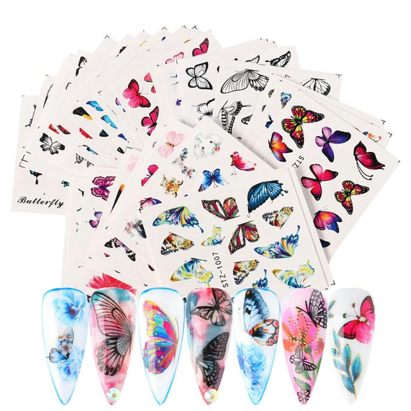 

50/30/24pcs Nail Art Stickers Slider Butterfly Nail Stickers Blue Black Transfer Water Set Decals Art Decor Colorful Floral, Sg055