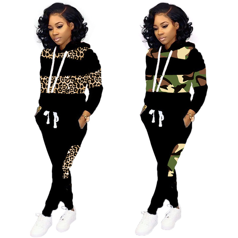 

2020 New Autumn Woman Suit Hot Style Model Solid-color Camouflage Leopard Print Hoodie Women & Drawstring Trousers 2 Piece Set