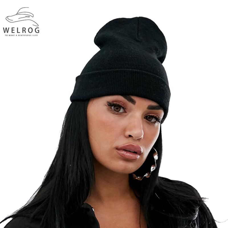 

WELROG New Casual Knitting Hats Solid Outdoor Wind Resistance Warm Turn Up Beanies Winter And Autumn Unisex Skullies 11 Colors, Black