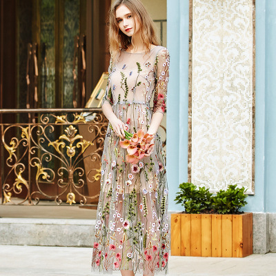 

Sexy Beach long dress for seaside holiday mid-long Chinese style embroidered mesh dress Female summer Beachwear Clothing, Picture color