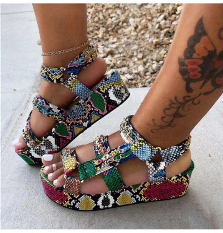 

Woman Snakeskin Flat Platform Colorful Female Beach Sandals Summer Women Gladiator Sandals Ladies Ankel Strap Snake Print Shoes, Black
