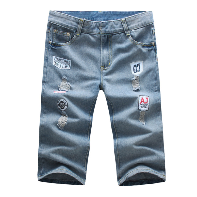 

2020 New Summer Mens Denim Shorts Slim Regular Knee Length Short Hole Jeans Shorts Men Short Size 28-38, Sky blue