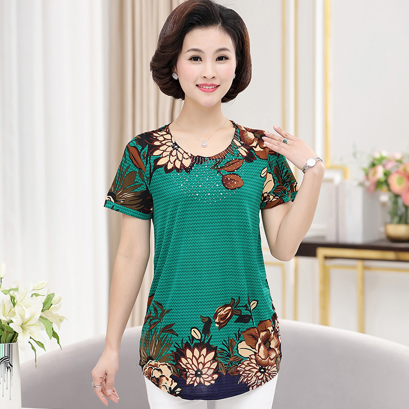 

2020 Summer New Women Clothing Floral Short Sleeve Pullover Top O-neck Tee Shirt Femme Plus Size T-shirt Camisetas Mujer Haut, Green