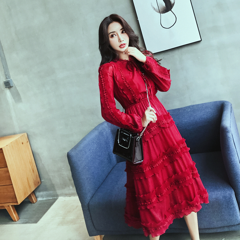 

Elegant Lace Patchwork Chiffon Bling Party Princess Women Dresses Summer Sweet Ruffle Layer Long Sleeve Cake Dress Vestidos, Beige