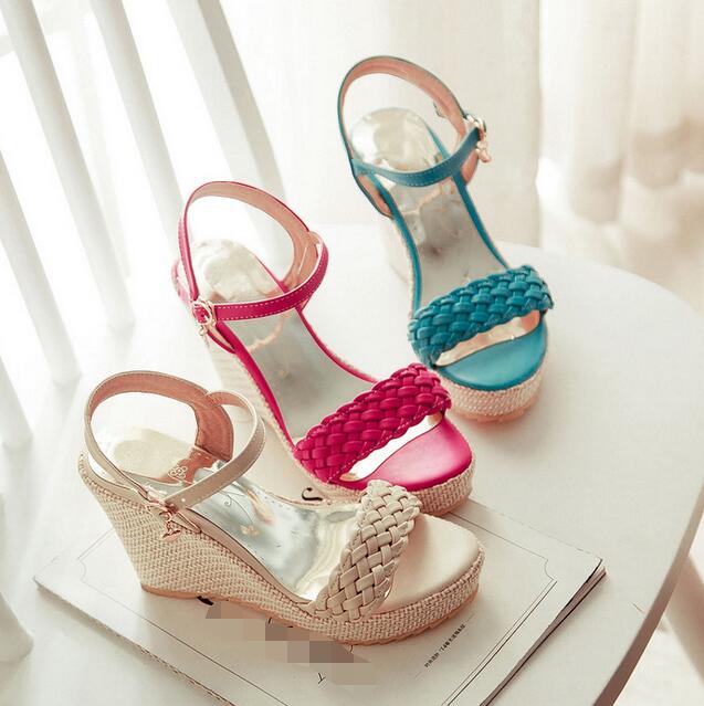 

Womens Lady Wedge High Heels Ankle Strap Party Sandals Shoes Pumps Plus Size, Beige