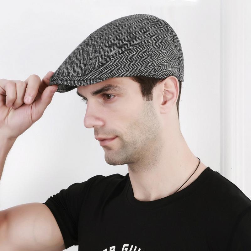 

Man Berets Peaked Cap with Visor Cotton Pure Color Herringbone Pattern Outdoor Autumn and Winter Male Hats Fashion, Gray