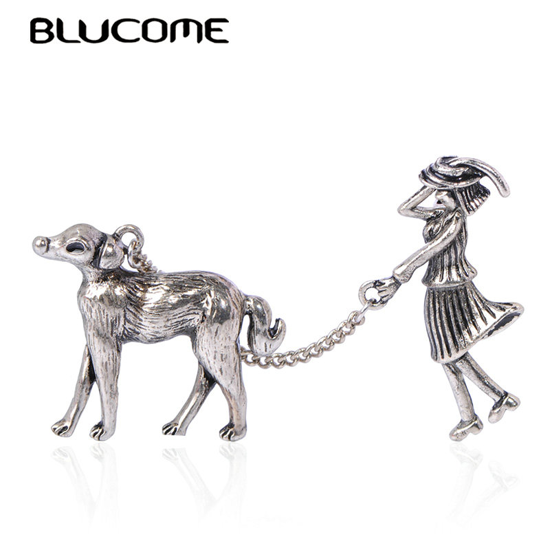 

Blucome Vintage Vivid Girl and Dog Shape Brooches Antique Gold Metal Brooch For Women Men Hats Scarf Suit Corsage Pins Jewelry