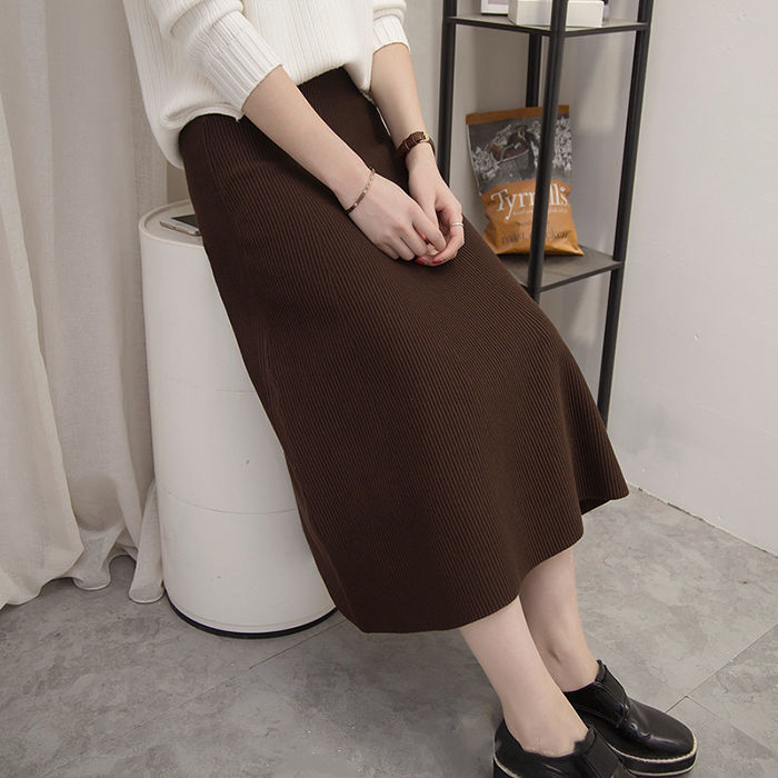 

2020 Autumn Winter Warm Women Soild High Waist Elastic Knitted Long Skirt Female Stretch A-line Ribbed Knitting Maxi Skirts T265, Black