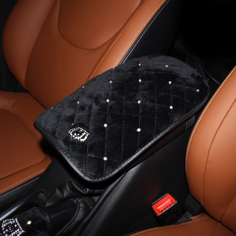

Crown Crystal Plush Car Armrests Cover Pad Universal Center Console Auto Arm Rest Seat Box Cushion Covers Protector Black