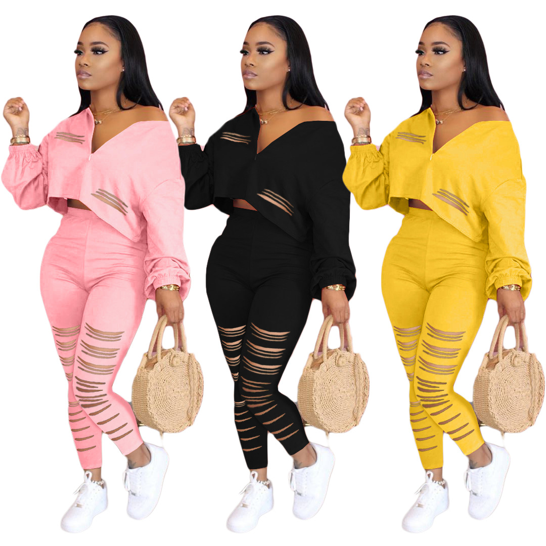 Women Casula Clothing Sets 2020 Autumn Fashion Solid Color Clothing Suits Womens Sexy Short Tops + Long Pants Hollow Out Two Pieces Sets-image-568439527