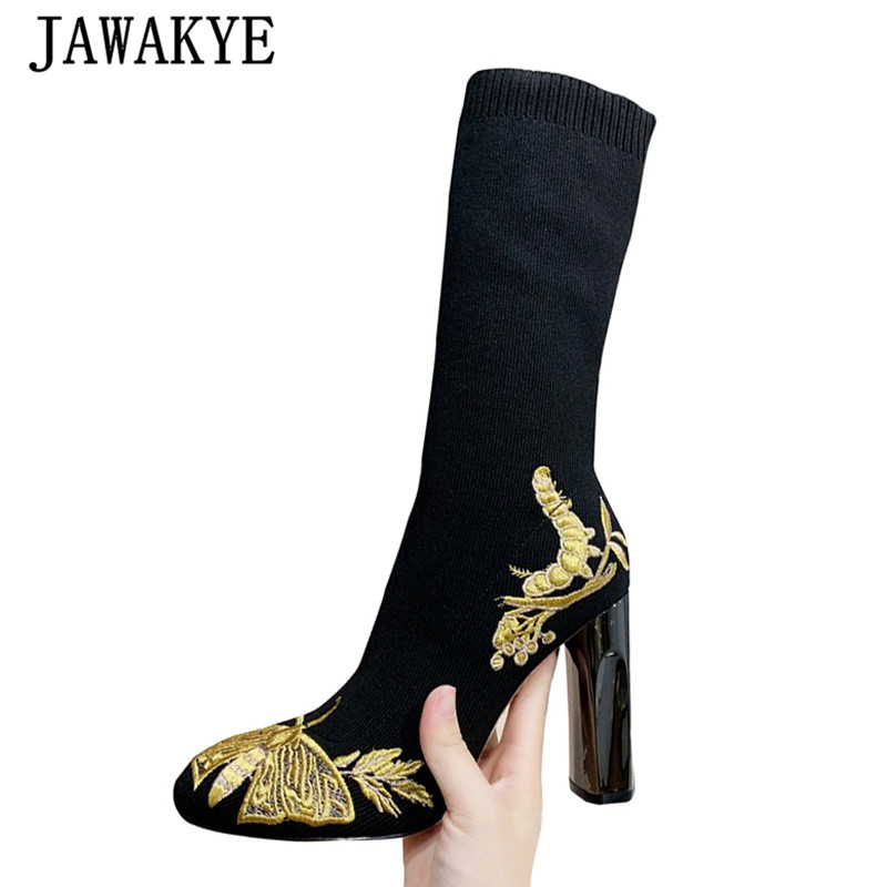 

Hot Embroidery High Heel Knitting Boots Women Gold White Butterfly Floral Pattern Short Boots Elastic Slip On Party Shoes Woman, Gold pattern