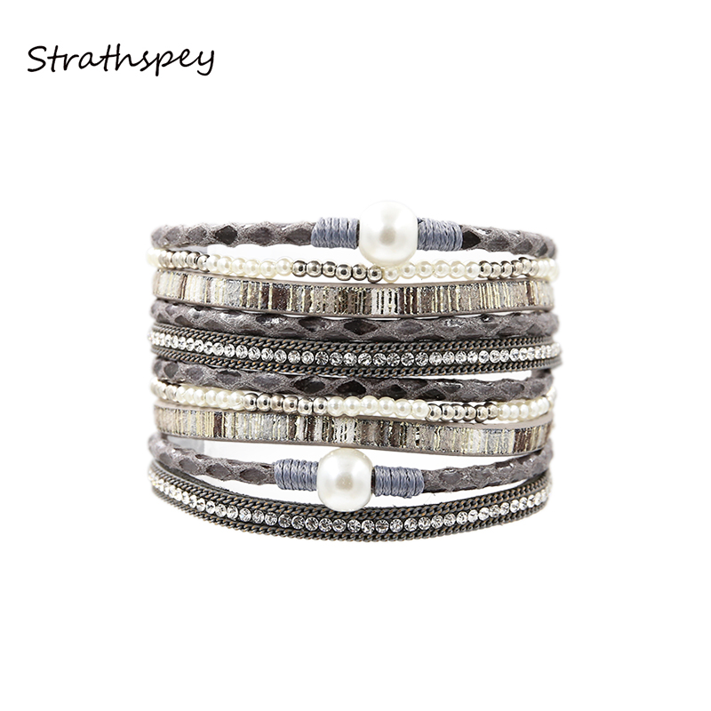 

Bracelet PU leather Bracelets&Bangles For Women Pulseira Casual Multi Rows Rhinestone Set Flora Metal Petals Wrist Band