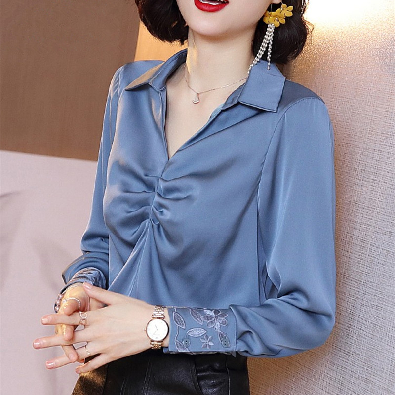 

Korean Silk Women Blouses Women Long Sleeve Shirts Woman Satin Shirt Top Plus Size Woman Embroidery Print Blouse Top Ladies Tops, Blue